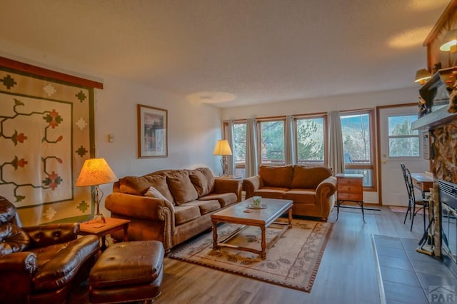 living room with a wealth of natural light, a fireplace, and wood finished floors