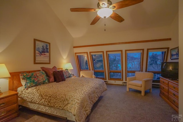 bedroom with lofted ceiling, carpet, and a ceiling fan