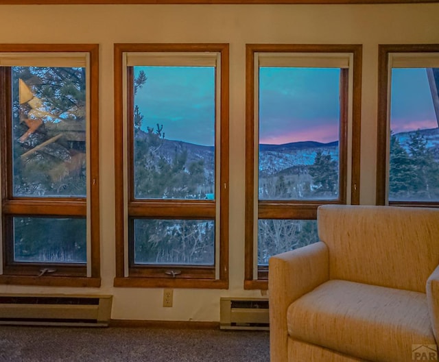 doorway with carpet floors, a baseboard radiator, and a mountain view