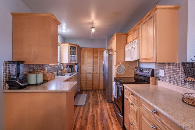 kitchen with appliances with stainless steel finishes, light countertops, a sink, and wood finished floors