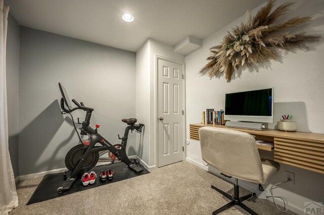 office space with recessed lighting, carpet, and baseboards