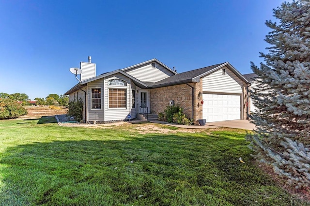 ranch-style home featuring brick siding, a chimney, an attached garage, driveway, and a front lawn