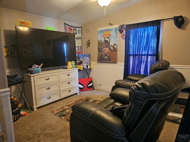 carpeted living room featuring a wainscoted wall and vaulted ceiling