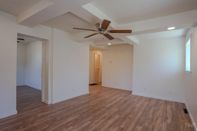 327/327.5 7th St, Walsenburg, CO 81089 - unfurnished room with wood finished floors, a ceiling fan, baseboards, and recessed lighting