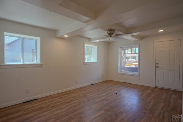 327/327.5 7th St, Walsenburg, CO 81089 - unfurnished room with recessed lighting, ceiling fan, baseboards, wood finished floors, and beam ceiling