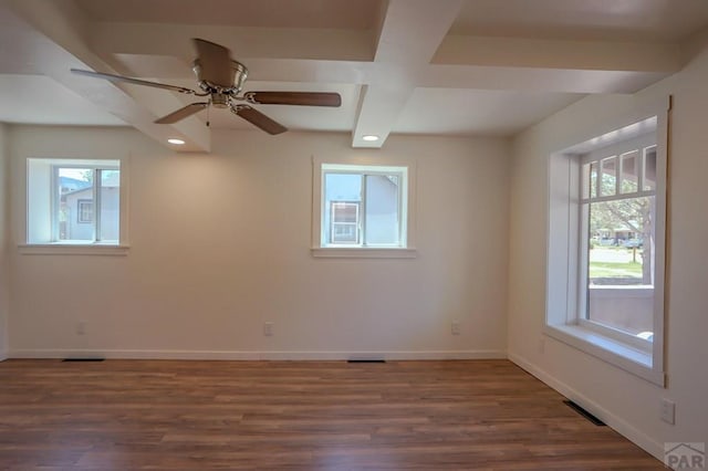 327/327.5 7th St, Walsenburg, CO 81089 - empty room featuring coffered ceiling, wood finished floors, baseboards, ceiling fan, and recessed lighting