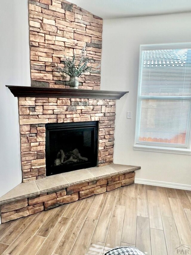 details with a stone fireplace, baseboards, and wood finished floors