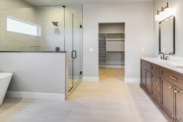 full bathroom featuring a sink, baseboards, a shower stall, double vanity, and a walk in closet