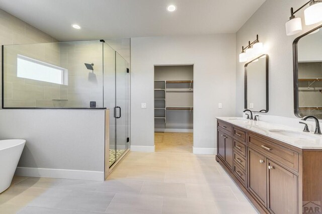 full bath with a stall shower, a walk in closet, a sink, and double vanity