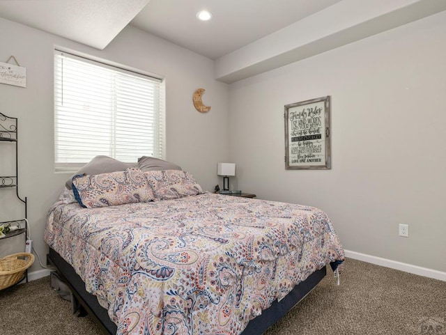 bedroom with carpet, baseboards, and recessed lighting