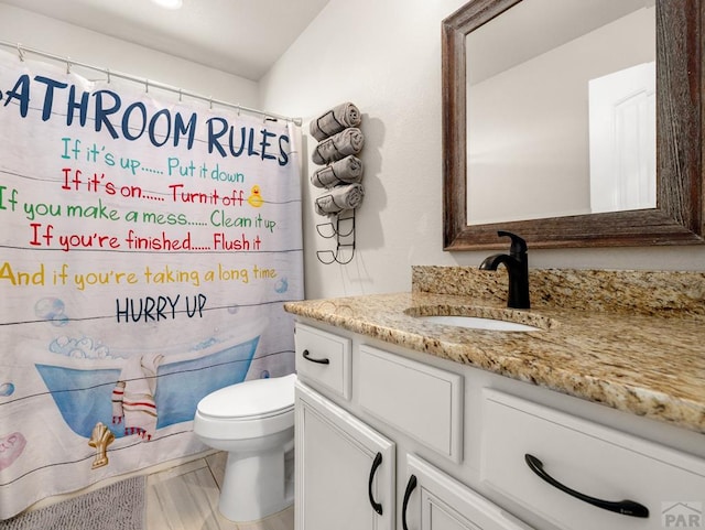 bathroom featuring toilet, a shower with curtain, and vanity