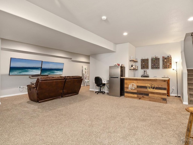 carpeted living area with stairs, recessed lighting, and baseboards