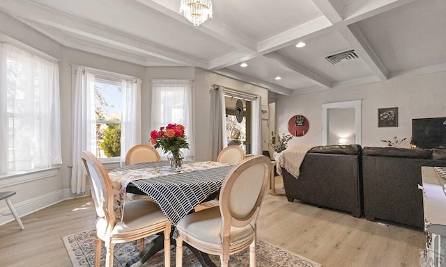 dining space featuring visible vents, baseboards, beamed ceiling, recessed lighting, and light wood-style flooring