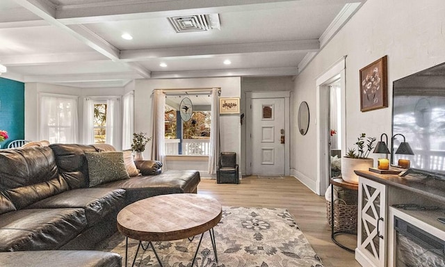 living area with visible vents, coffered ceiling, recessed lighting, light wood-style floors, and beamed ceiling