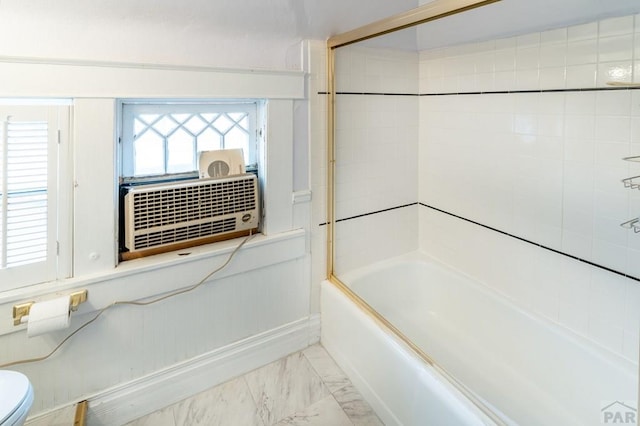 full bath featuring shower / bathing tub combination, marble finish floor, and toilet