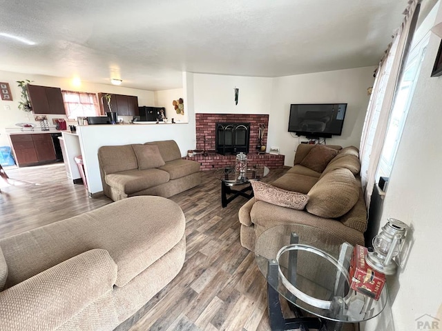 living room with a fireplace and wood finished floors