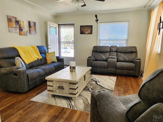 living area featuring a ceiling fan and dark wood-style flooring