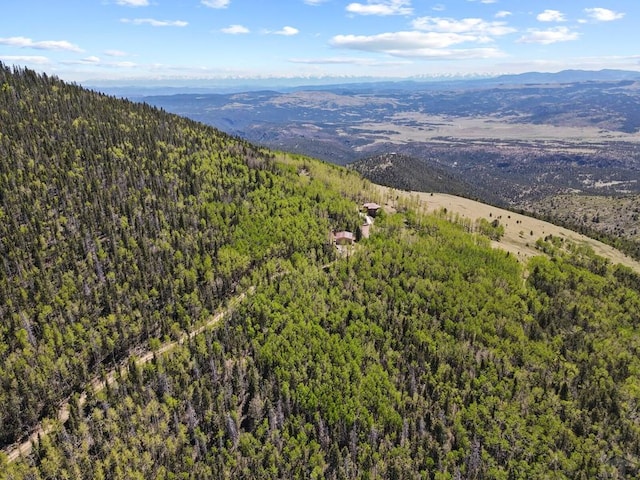 aerial view with a mountain view and a wooded view