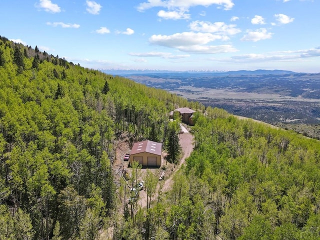 birds eye view of property featuring a mountain view and a forest view