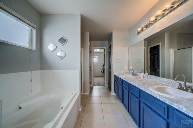 bathroom featuring double vanity, a walk in closet, a sink, and a bath