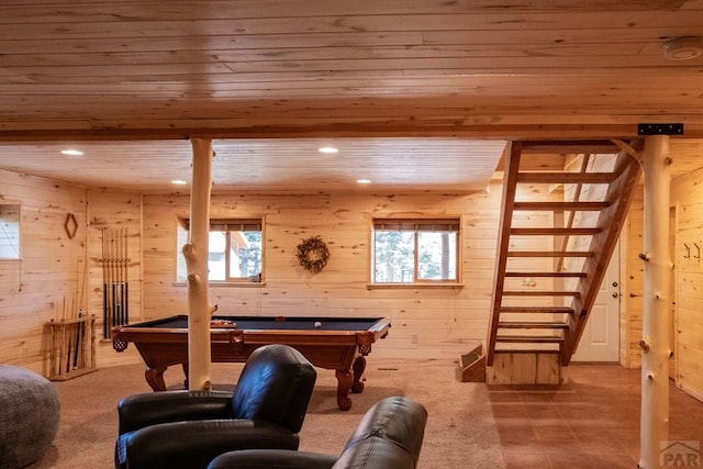317 Parsons Rd, La Veta, CO 81055 - playroom with plenty of natural light, billiards table, wood ceiling, wooden walls, and recessed lighting