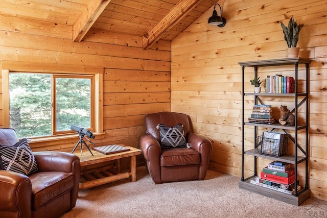 317 Parsons Rd, La Veta, CO 81055 - living area featuring beam ceiling, wood ceiling, wooden walls, and carpet