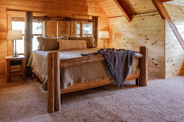 317 Parsons Rd, La Veta, CO 81055 - bedroom with vaulted ceiling, carpet floors, wooden walls, and wooden ceiling