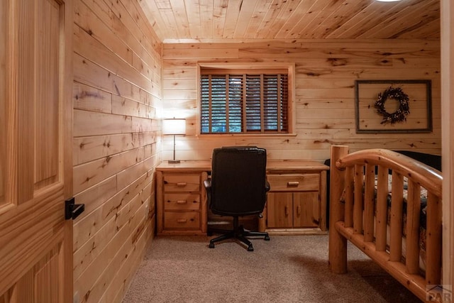 317 Parsons Rd, La Veta, CO 81055 - home office with wood ceiling, wooden walls, and light colored carpet