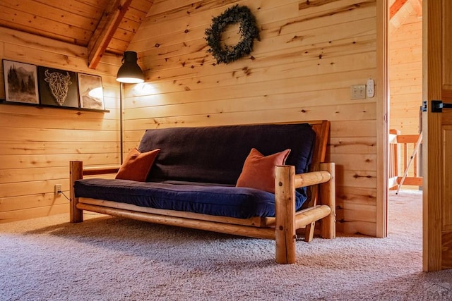 317 Parsons Rd, La Veta, CO 81055 - bedroom featuring carpet flooring, wooden walls, and wood ceiling