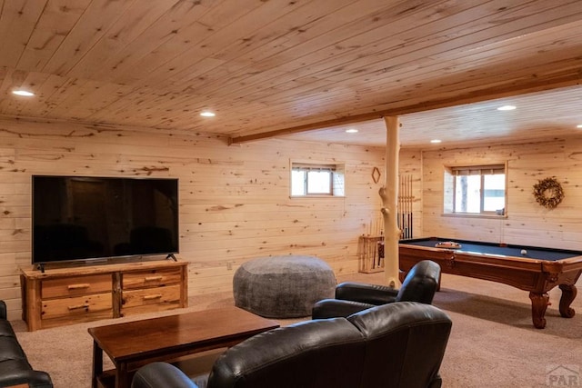 317 Parsons Rd, La Veta, CO 81055 - recreation room featuring wood ceiling, carpet floors, wooden walls, billiards table, and recessed lighting
