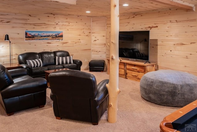 317 Parsons Rd, La Veta, CO 81055 - carpeted living area featuring wood walls, wooden ceiling, and recessed lighting