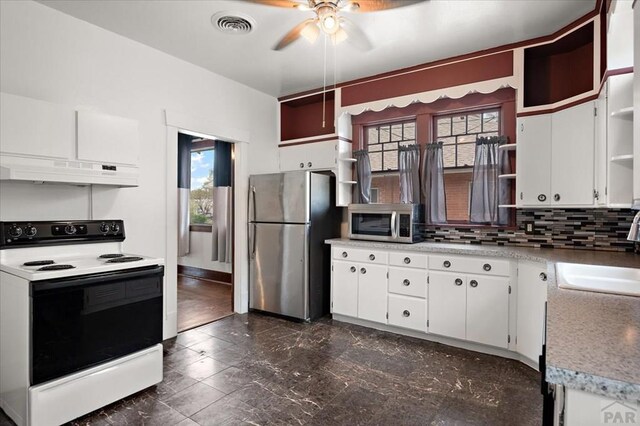 423 Washington St, Pueblo, CO 81004 - kitchen with appliances with stainless steel finishes, open shelves, under cabinet range hood, a sink, and a ceiling fan