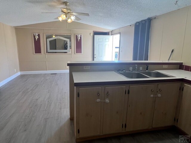 kitchen featuring lofted ceiling, a textured ceiling, a sink, light countertops, and light wood finished floors