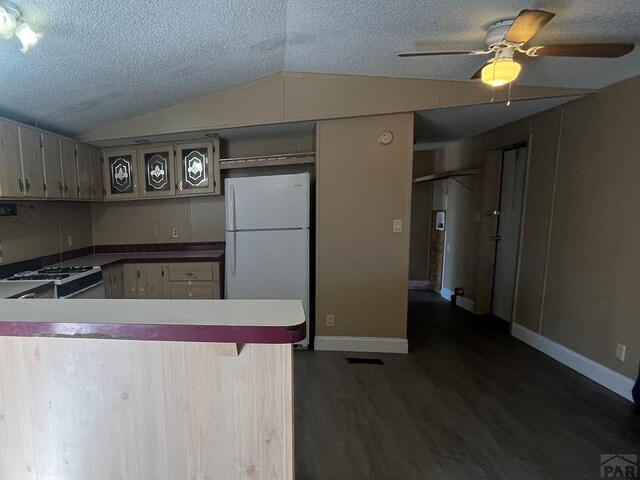 kitchen with dark wood-style floors, stove, freestanding refrigerator, vaulted ceiling, and a peninsula