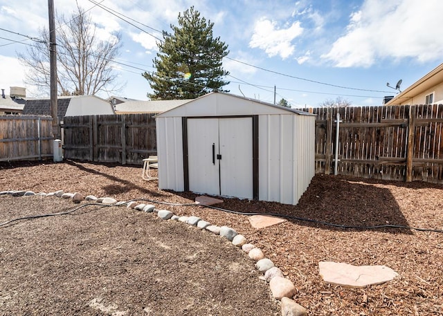 view of shed with a fenced backyard