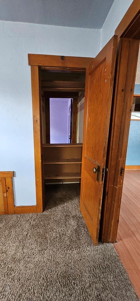 hall featuring a textured ceiling and carpet floors