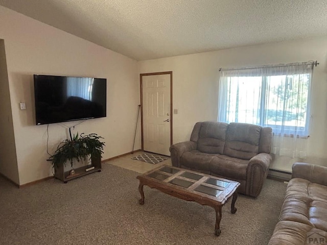 15840 Teak Pl, Elbert, CO 80106 - living room with carpet flooring, a textured ceiling, and vaulted ceiling