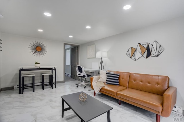 411 Olive St, Colorado Springs, CO 80904 - living room with recessed lighting, marble look tiles, and baseboards