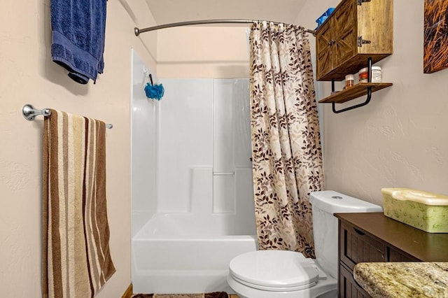 full bath featuring vanity, toilet, shower / bathtub combination with curtain, and a textured wall