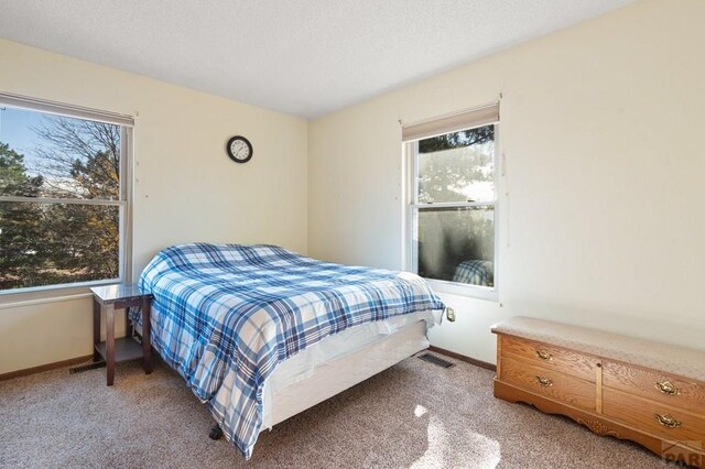 bedroom featuring light carpet, visible vents, and baseboards