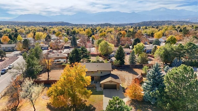 drone / aerial view featuring a residential view and a mountain view