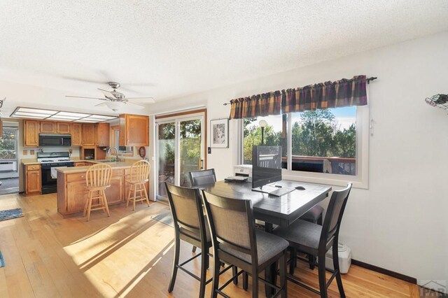 dining area with a textured ceiling, light wood-type flooring, and plenty of natural light