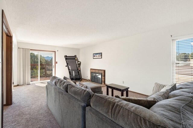 living room featuring carpet floors, plenty of natural light, a textured ceiling, and a glass covered fireplace