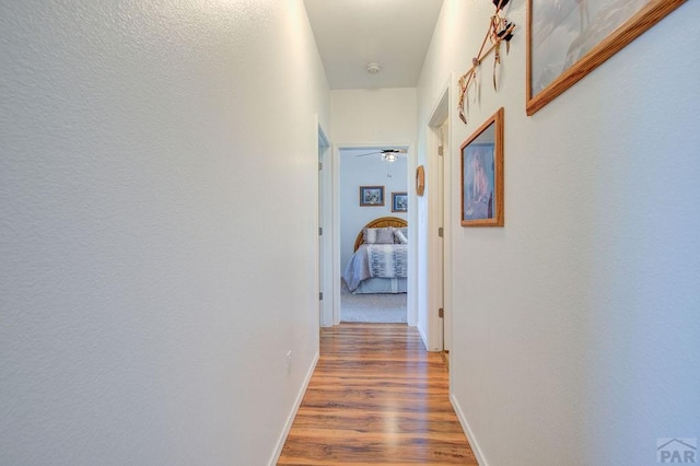 hall featuring wood finished floors and baseboards