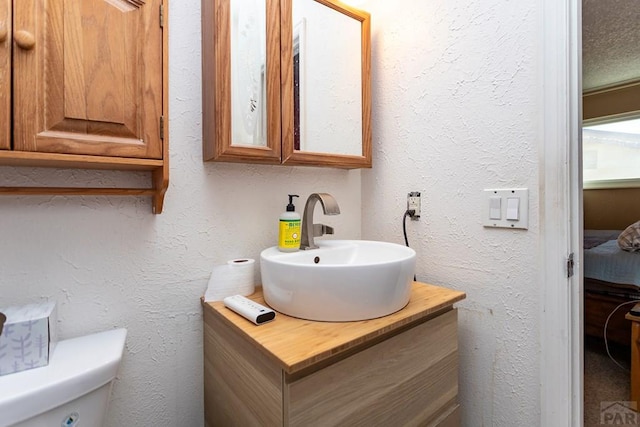 bathroom with toilet, vanity, and a textured wall