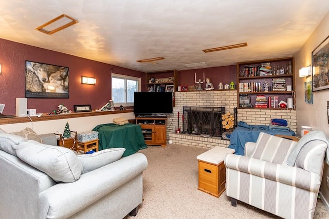 living room with a brick fireplace and light carpet