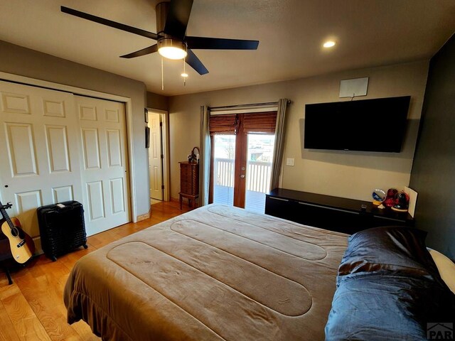 1044 S Los Charros Dr, Pueblo West, CO 81007 - bedroom featuring light wood finished floors, ceiling fan, recessed lighting, french doors, and a closet