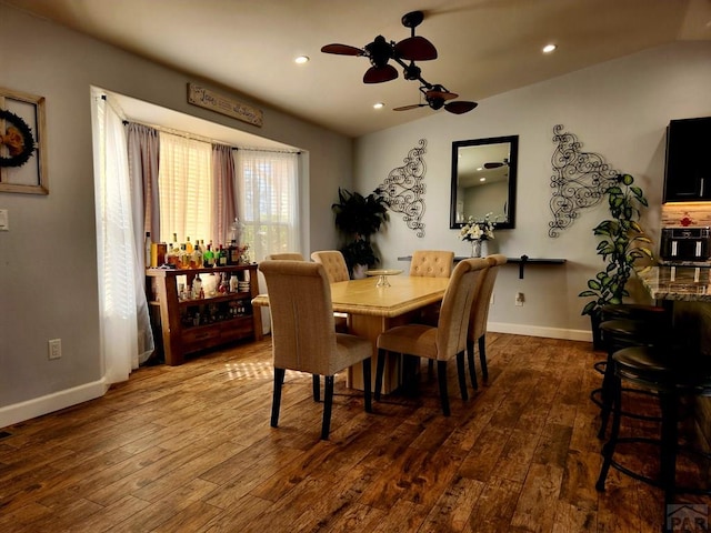 1044 S Los Charros Dr, Pueblo West, CO 81007 - dining space featuring hardwood / wood-style floors, recessed lighting, baseboards, and ceiling fan