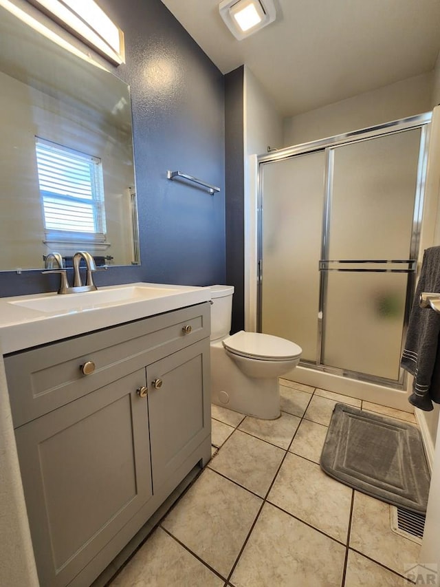 1044 S Los Charros Dr, Pueblo West, CO 81007 - bathroom featuring vanity, visible vents, a shower stall, tile patterned floors, and toilet