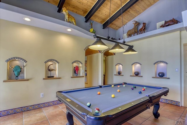 1441 Forest Rd Unit 507 1A, Creede, CO 81130 - playroom with wooden ceiling with exposed beams, pool table, tile patterned floors, high vaulted ceiling, and recessed lighting